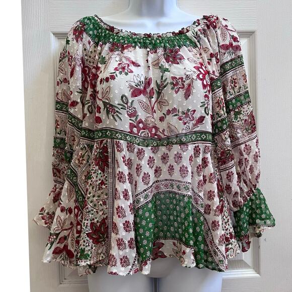 Zara Sheer Textured Multicolor Print Peasant Peplum Blouse Size Medium - Picture 1 of 13